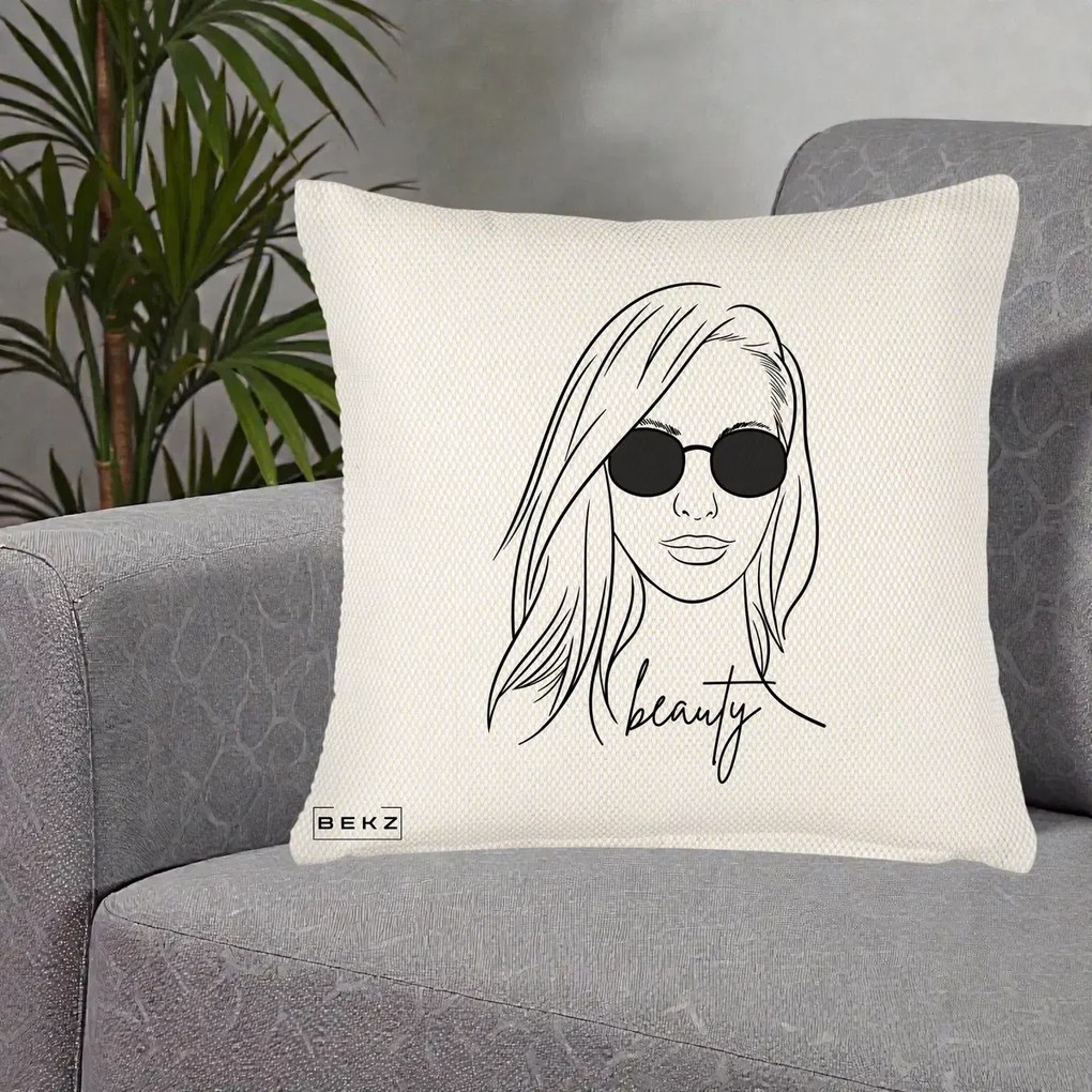 Perna Decorativa Beauty Girl Line Art, 40x40 cm, Crem Reliefat, Husa Detasabila, Perna Inclusa, BEKZ®