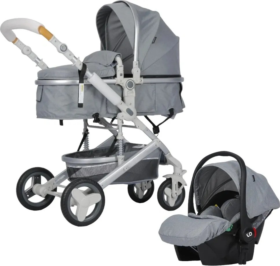 Carucior nou nascuti 3 in 1 NOVOKIDS™ 5300, Cu geanta bebe, Cadru Aluminiu, Amortizoare, Roti din cauciuc plin AVE, Landou, Scoica auto, Spatar
