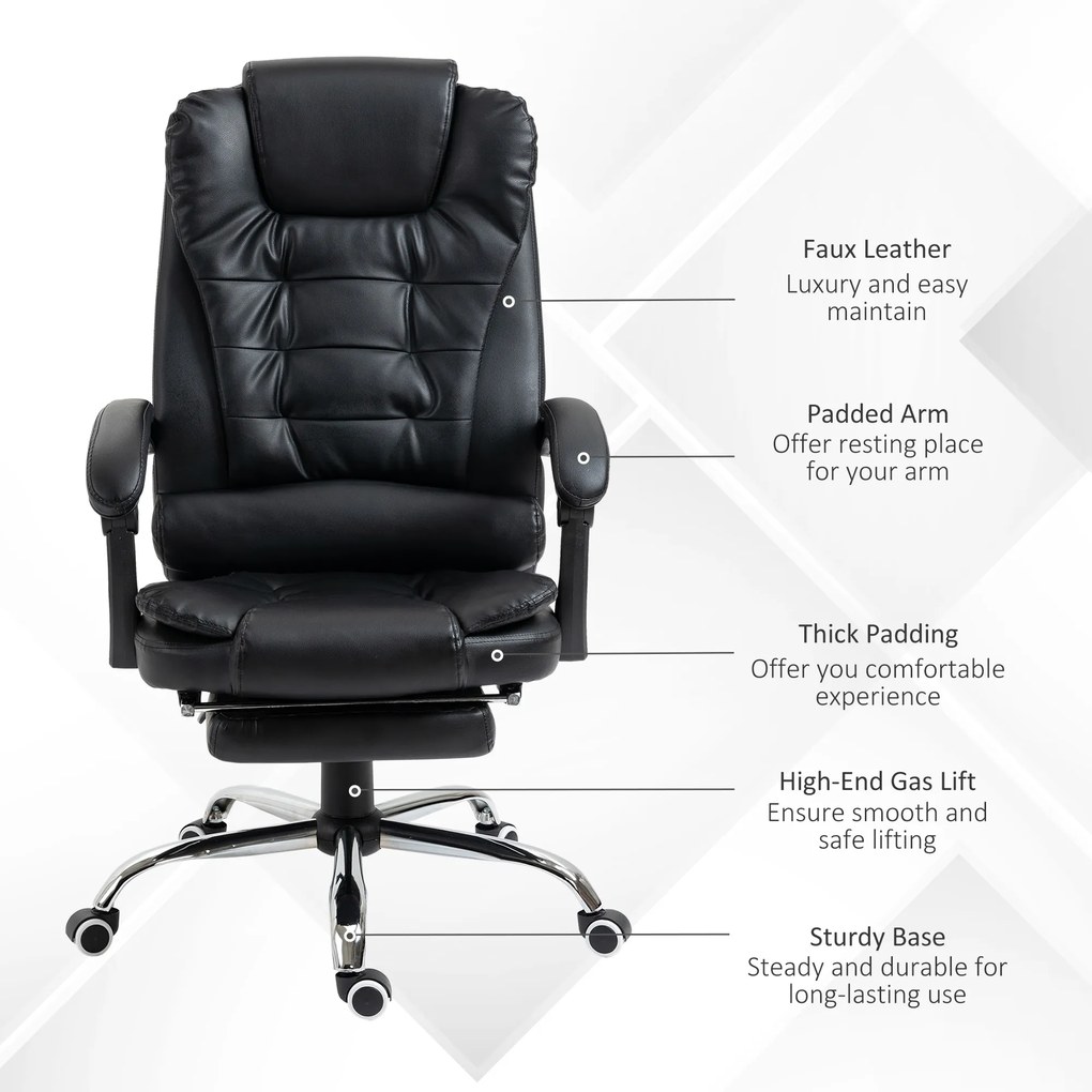 HOMCOM Scaun Birou din Piele Artificială Neagră Înălțime Reglabilă Spătar Rabatabil 64.5x69x127cm | Aosom Romania