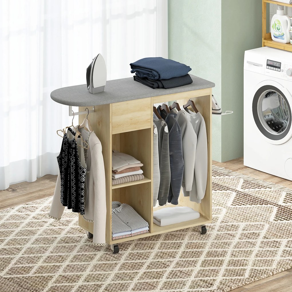 HOMCOM Dulap pentru călcat din lemn masă de călcat pe roți bară de suspendare raft 125 x 43,5 x 102,5 cm lemn natural | Aosom Romania