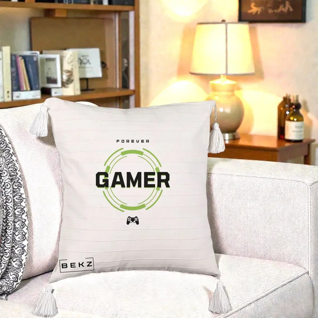Perna Personalizata Forever Gamer, 40x40 cm, Bej cu Franjuri, Husa Detasabila, Perna Inclusa, BEKZ®