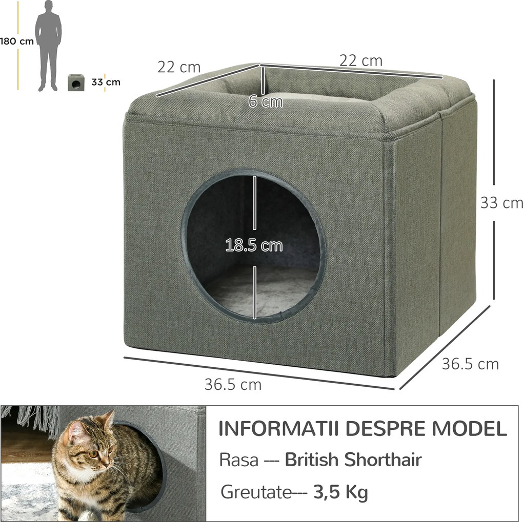 PawHut Căsuță pentru Pisici cu 2 Nivele și Pernă din Pluș, din Lemn, Poliester și Plastic, 36.5x36.5x33 cm, Verde | Aosom Romania