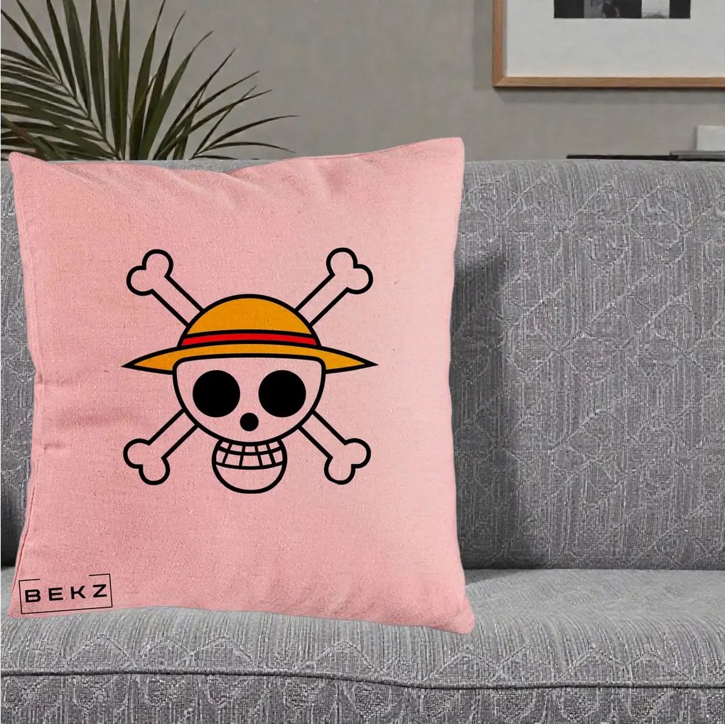 Perna Personalizata One Piece Jolly Roger Straw Hat Pirates, 40x40 cm, Roz, Husa Detasabila, Perna Inclusa, BEKZ®