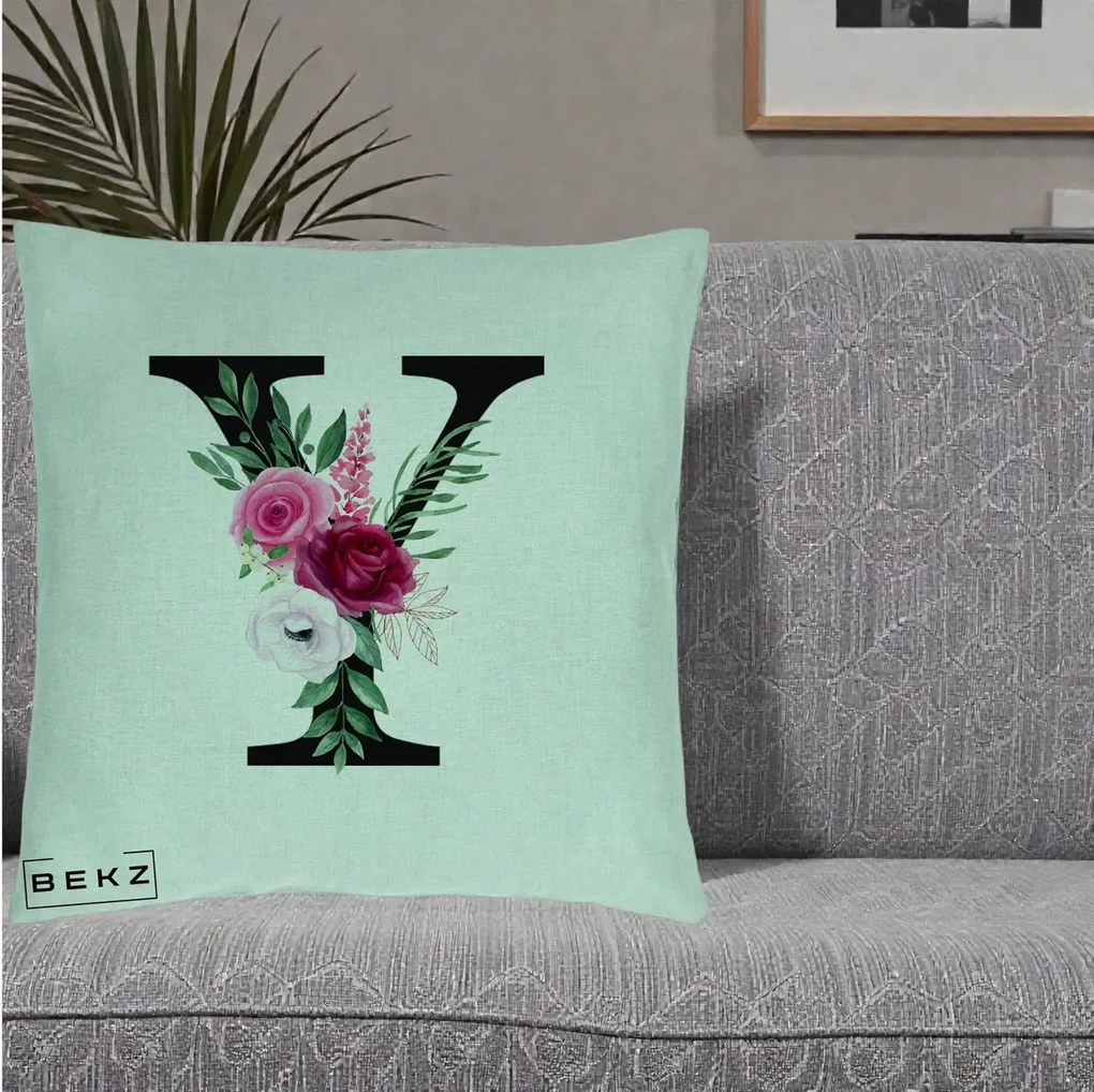 Cadou Personalizat - Perna Personalizata Monograma Florala Litera Y cu Buchet, 40x40 cm, Verde Menta, Husa Detasabila, Perna Inclusa, BEKZ®