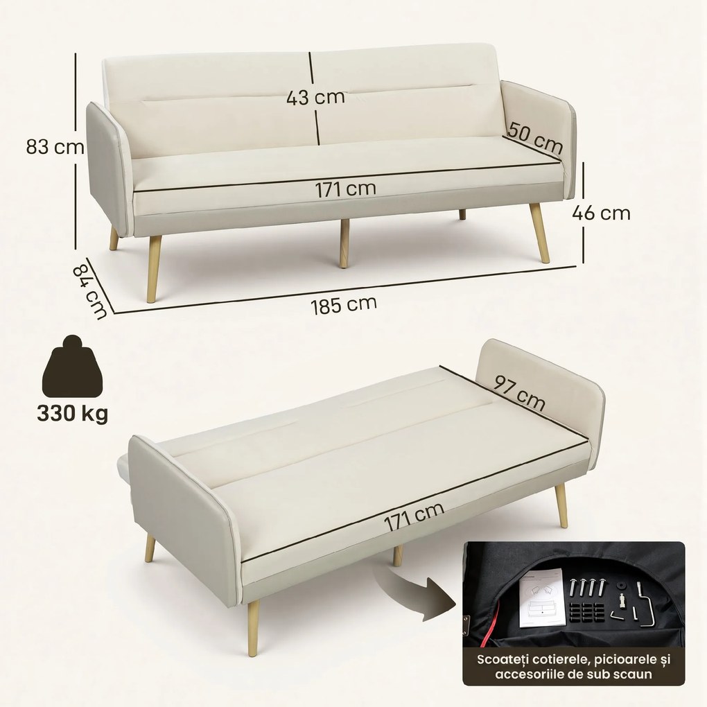 HOMCOM Canapea Extensibilă 3 Locuri Convertibilă cu Cotiere din PU, Colțar Reclinabil Clic Clac în Catifea cu Picioare Metalice și Cadru din Lemn, pentru Living sau Dormitor, 185x84x83 cm, Bej | Aosom Romania