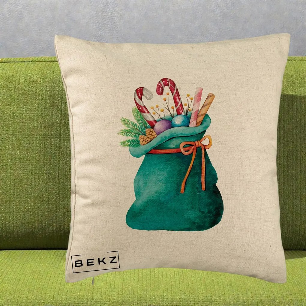 Perna Decorativa Saculet Cadouri Mos Craciun Acuarela Verde, 40x40 cm, Bej, Husa Detasabila, Perna Inclusa, BEKZ®