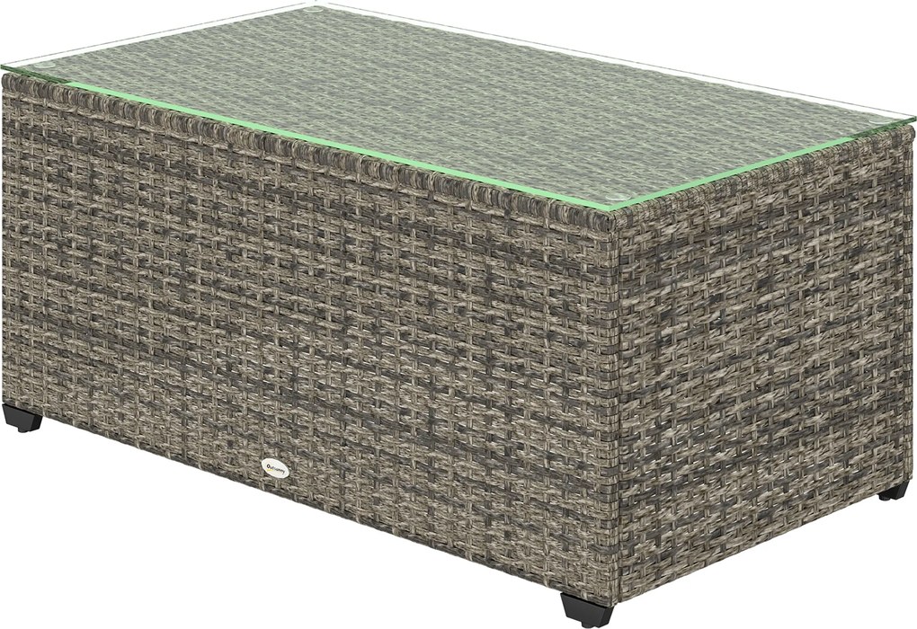 Outsunny Masă de cafea pentru grădină, masă auxiliară din rășină împletită cu blat din sticlă securizată, 90 x 50 x 38 cm, gri închis | Aosom Romania