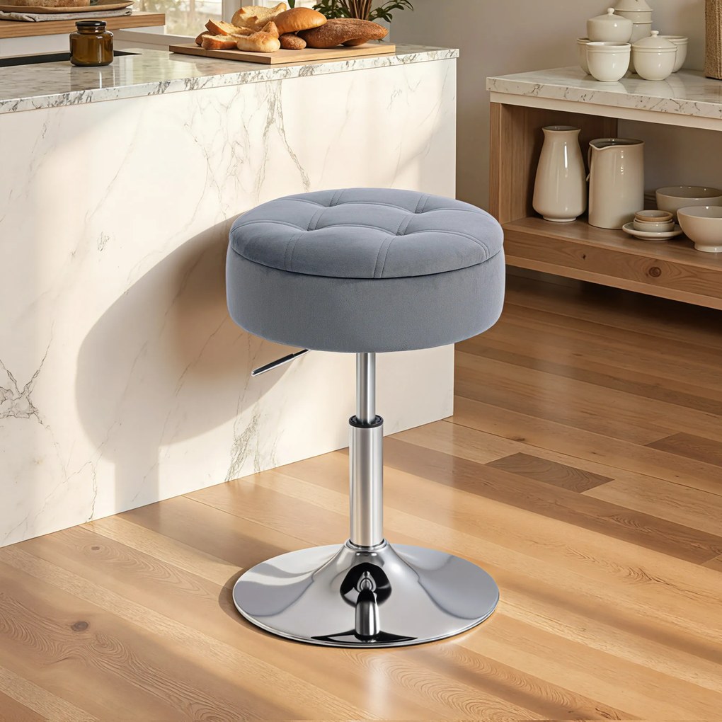 HOMCOM Round Bar Stool, Height Adjustable Swivel Pub Chair with Storage and Metal Base, Backless Tufted Makeup Stool for Breakfast Counter, Kitchen Island, Bedroom, Living Room, Grey | Aosom Romania