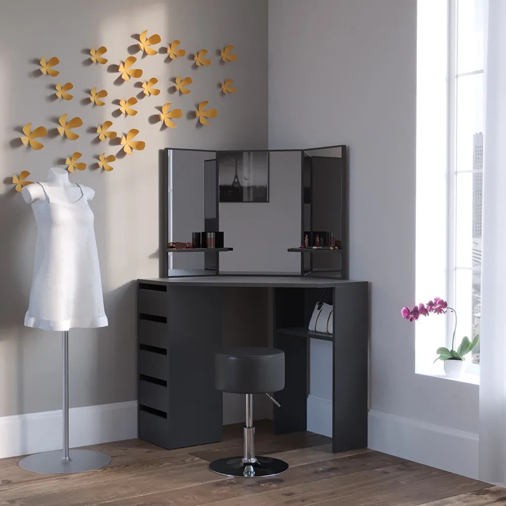 SEN223 - Set Masa neagra toaleta pentru colt, 110 cm, cosmetica machiaj oglinda masuta vanity pe colt cu sau fara LED, cu sau fara Scaun