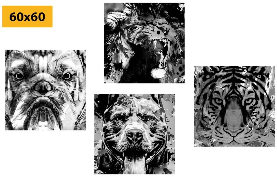 Set tablouri animale în design alb-negru de stil pop art