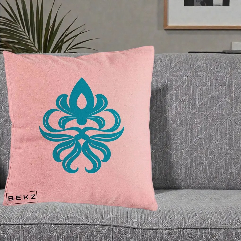 Perna Decorativa Ornament Turcoaz Fleur de Lis, 40x40 cm, Roz, Husa Detasabila, Perna Inclusa, BEKZ®