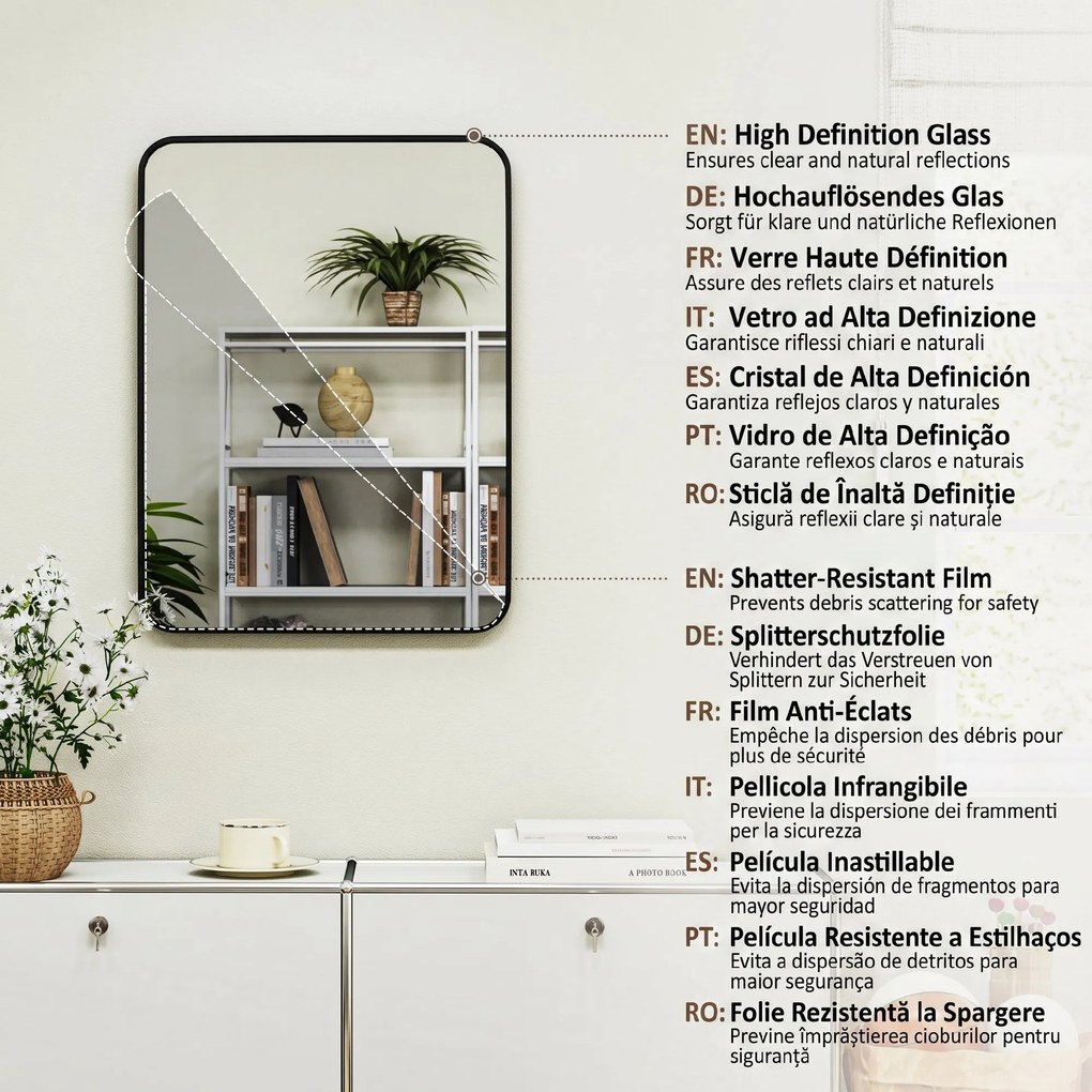 HOMCOM Oglindă de Baie 60 x 80 cm Oglindă Decorativă de Perete cu Ramă Metalică și Cârlig Ușor de Agățat pentru Sufragerie, Hol, Intrare - Negru | Aosom Romania