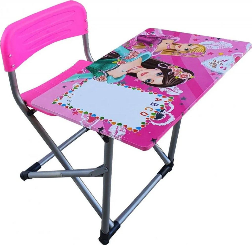 Birou pliabil pentru copii Novokids™ My first school desk, Din MDF, dimensiuni 70X60X66 cm, Cadru metalic, Banca scolara, Model Printese, Roz