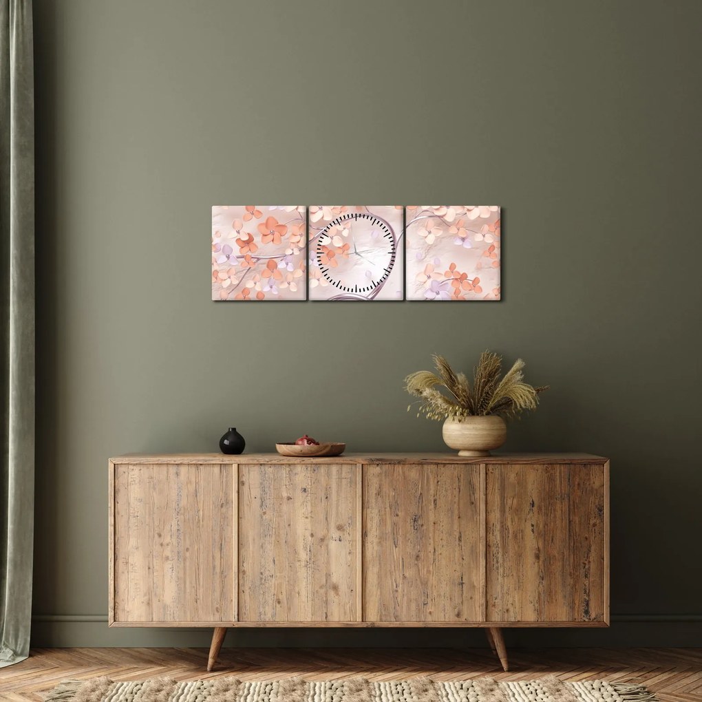 Tablou florilor de pom din coral - abstract (cu ceas) (90x30 cm)