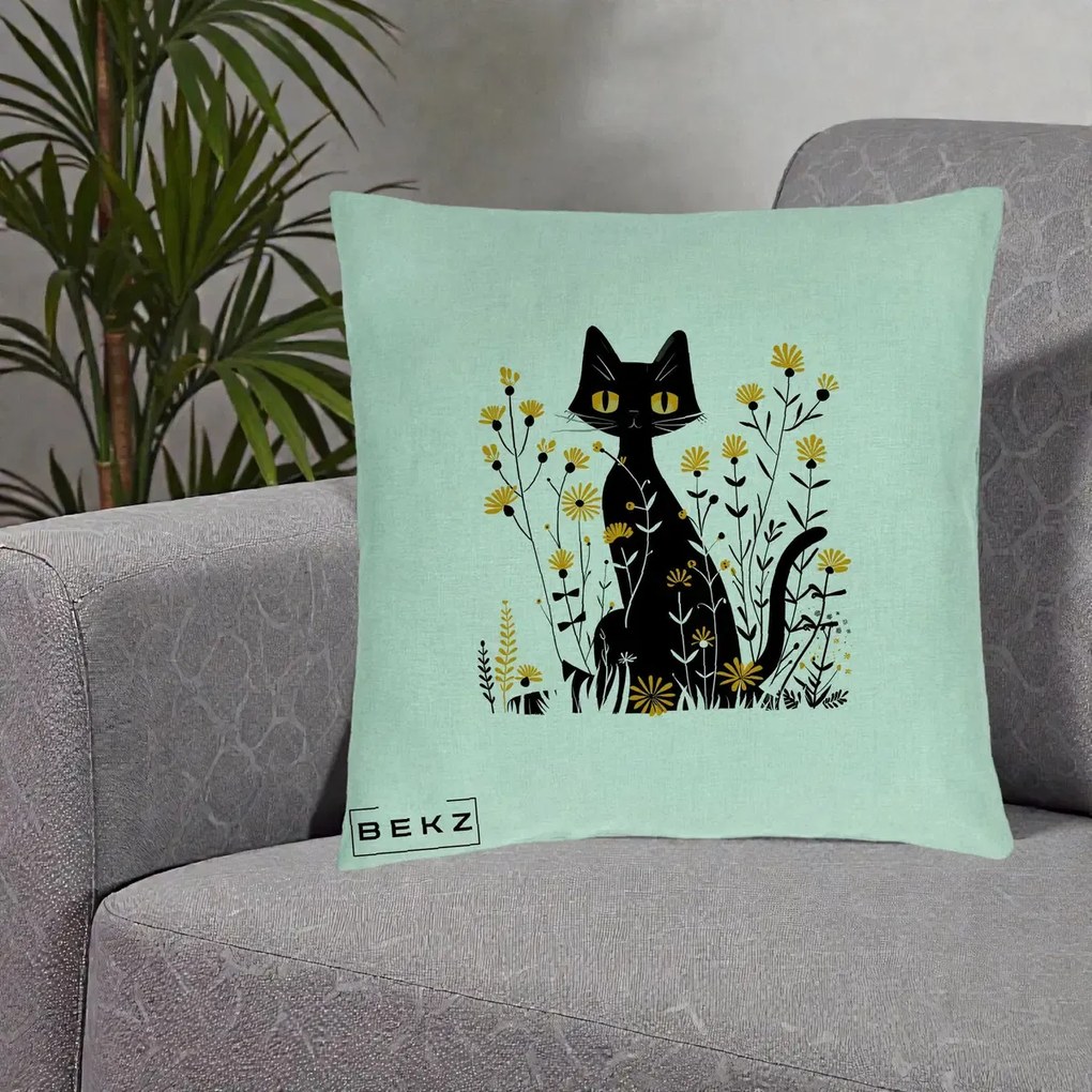 Perna Decorativa Pisica Neagra Ochi Galbeni Flori Galbene, 40x40 cm, Verde Menta, Husa Detasabila, Perna Inclusa, BEKZ®