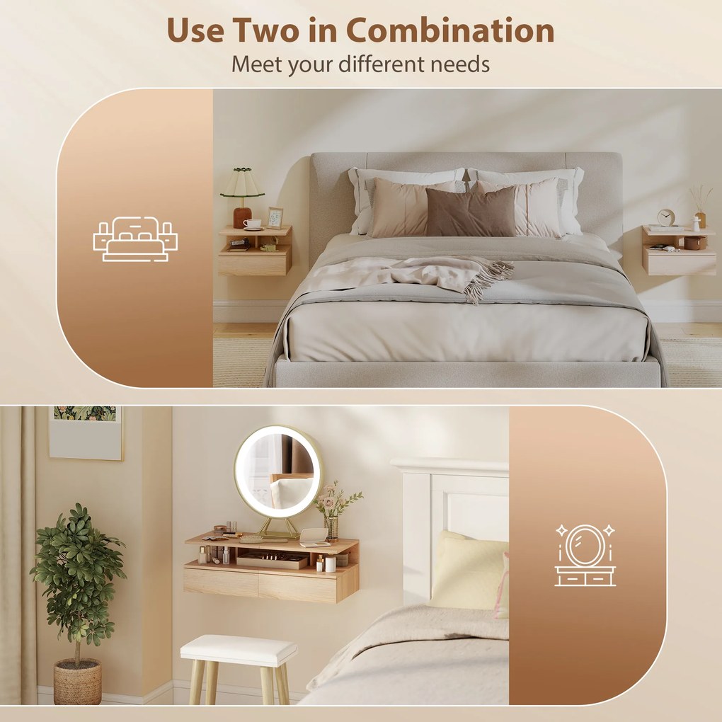 HOMCOM Set de 2 Noptiere Moderne Suspendate pentru Dormitor cu Sertar si Blat  din Lemn 35x32x22.5cm, Stejar | Aosom Romania