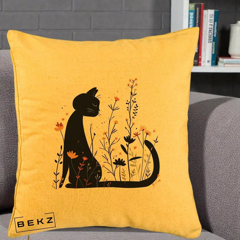 Perna Decorativa Pisica Neagra Flori Portocalii Silueta, 40x40 cm, Galben, Husa Detasabila, Perna Inclusa, BEKZ®