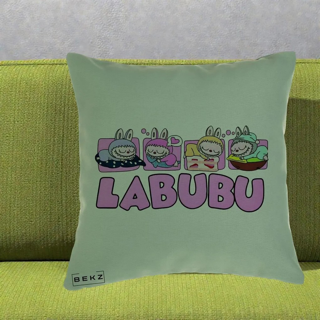 Perna Personalizata Labubu Sleeping Quad, 40x40 cm, Verde, Husa Detasabila, Perna Inclusa, BEKZ®