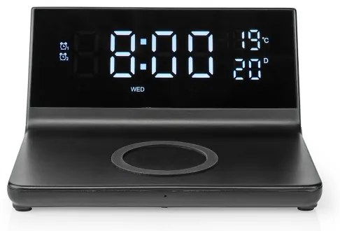 Nedis WCACQ20BK - Ceas cu alarmă, ecran LCD și încărcător wireless 15W/5V negru