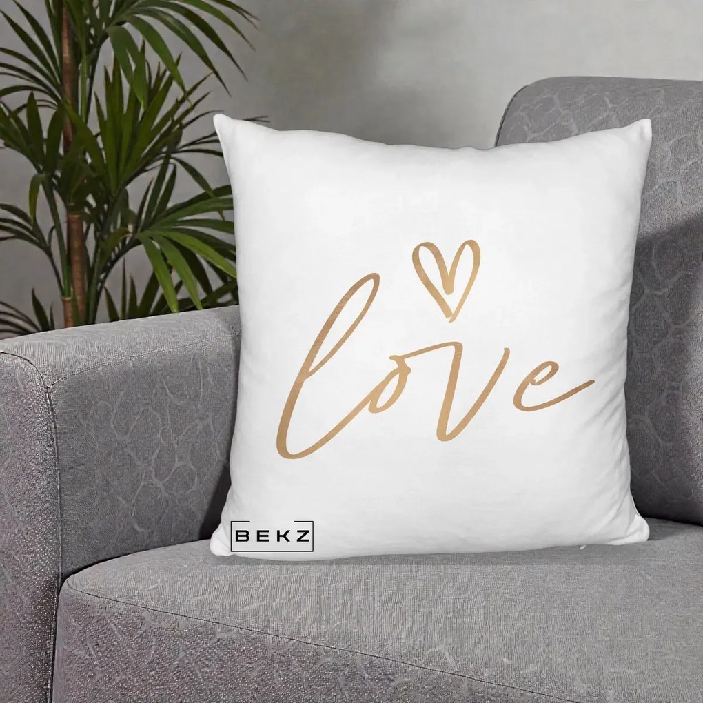Perna Decorativa Love Caligrafie Aurie, 40x40 cm, Alb Pufos, Husa Detasabila, Perna Inclusa, BEKZ®