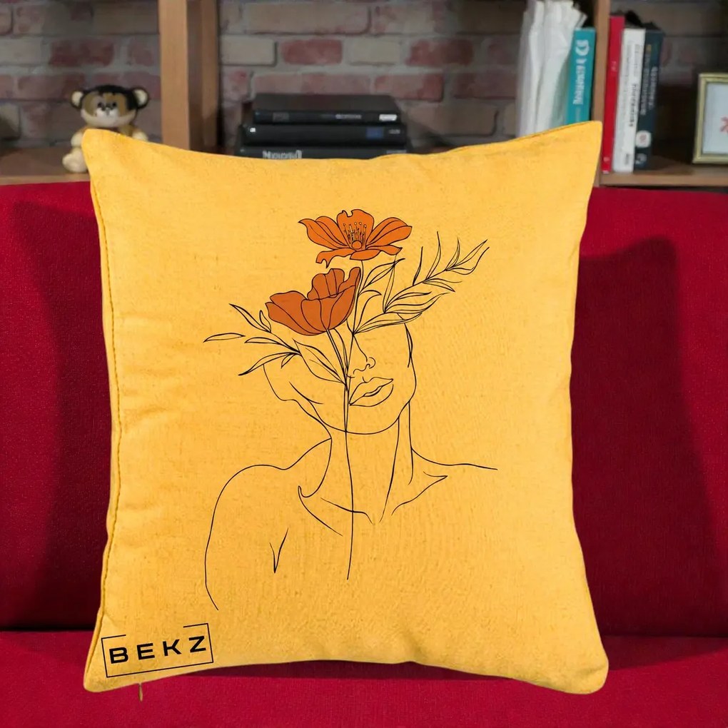 Perna Decorativa Portret Feminin Doua Flori, 40x40 cm, Galben, Husa Detasabila, Perna Inclusa, BEKZ®