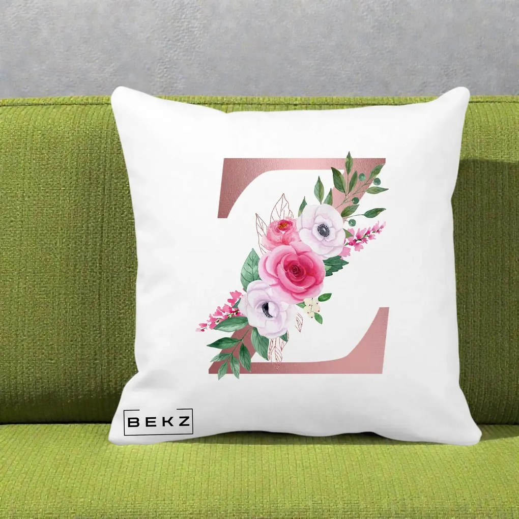 Cadou Personalizat - Perna Personalizata Monograma Rose Gold Litera Z, 40x40 cm, Alba Mata, Husa Detasabila, Perna Inclusa, BEKZ®
