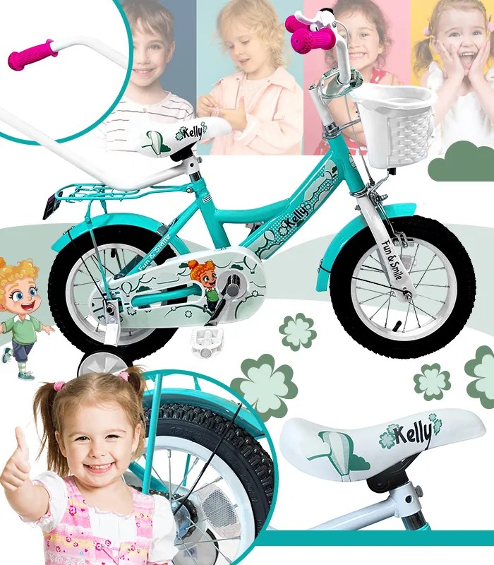 Bicicletă pentru copii cu bară de ghidare, coș și roți auxiliare 12 – pentru copii cu vârsta între 2,5 și 4 ani