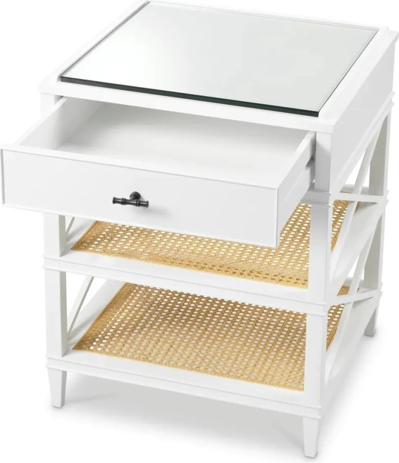 Noptiera, Masuta Laterala LUX, Lemn, Rattan, Bahamas alb