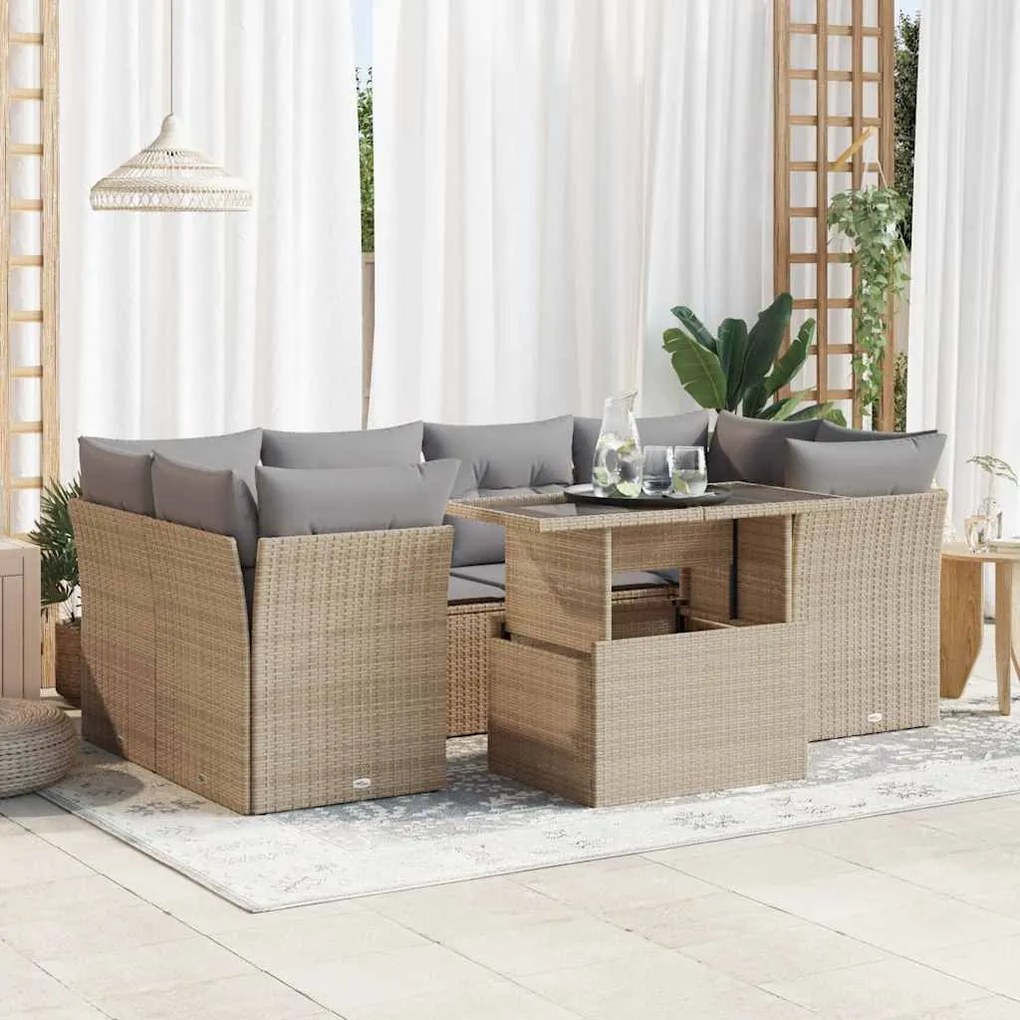 vidaXL Set canapele de grădină, 7 piese, cu perne, bej, poliratan
