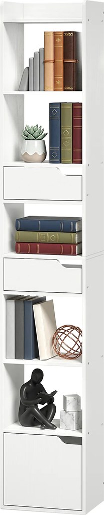 HOMCOM Bibliotecă pentru cărți cu 2 sertare și ușă Etajeră îngustă cu 6 rafturi deschise 32x24x181,5 cm Alb | Aosom Romania