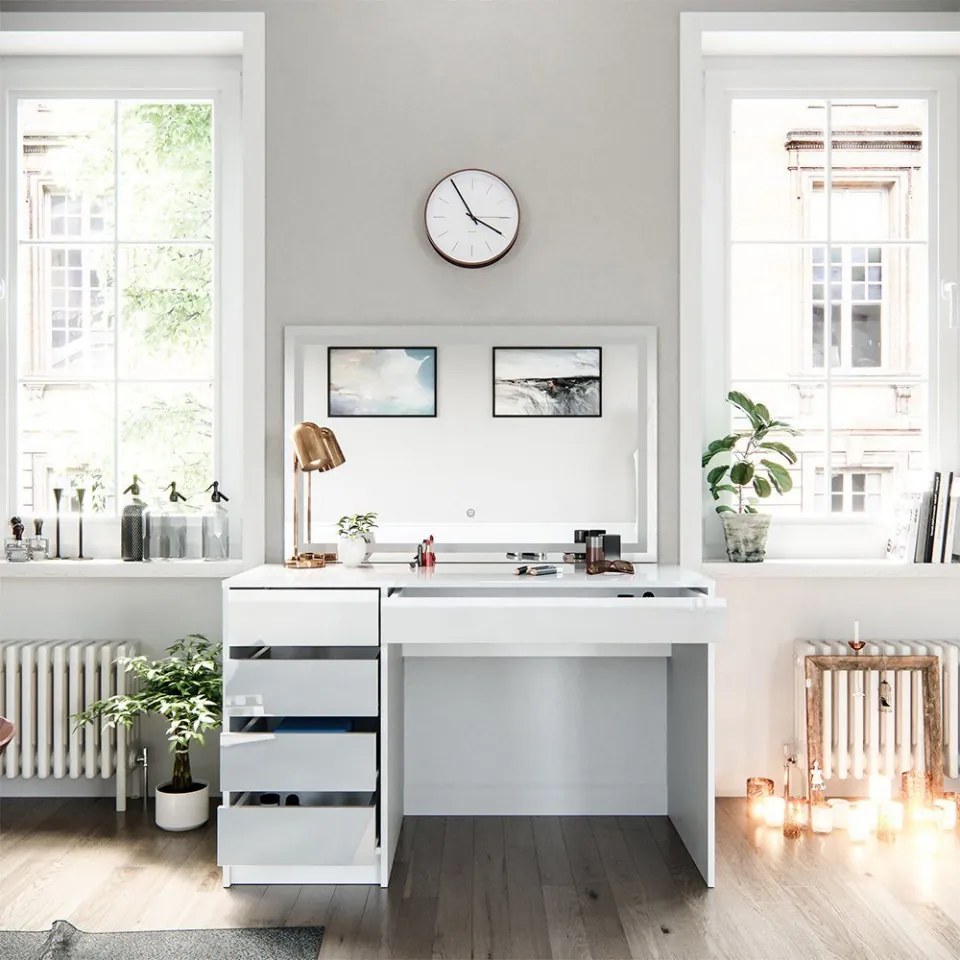 Masuta machiaj cu Oglinda LED si 5 Sertare pentru Cosmetice, Set Masa toaleta 120 cm, Alb Lucios, masuta cosmetica, vanity - SEA902