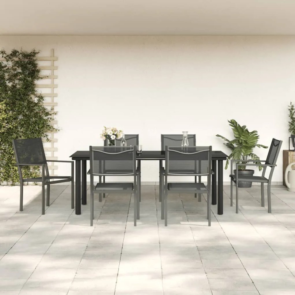vidaXL Set mobilier de grădină, 7 piese, negru, oțel și textilenă
