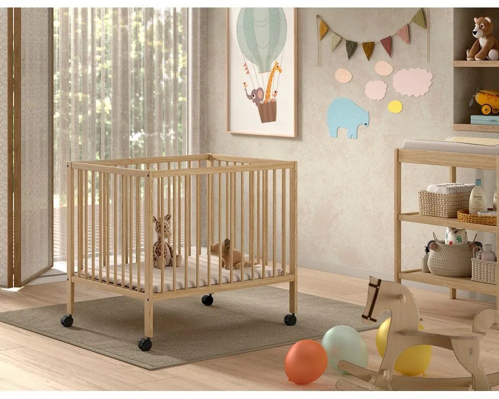 Țarc pentru copii în culoare naturală din lemn de fag cu înălțime reglabilă/cu roți 95x75 cm Dino – Vipack