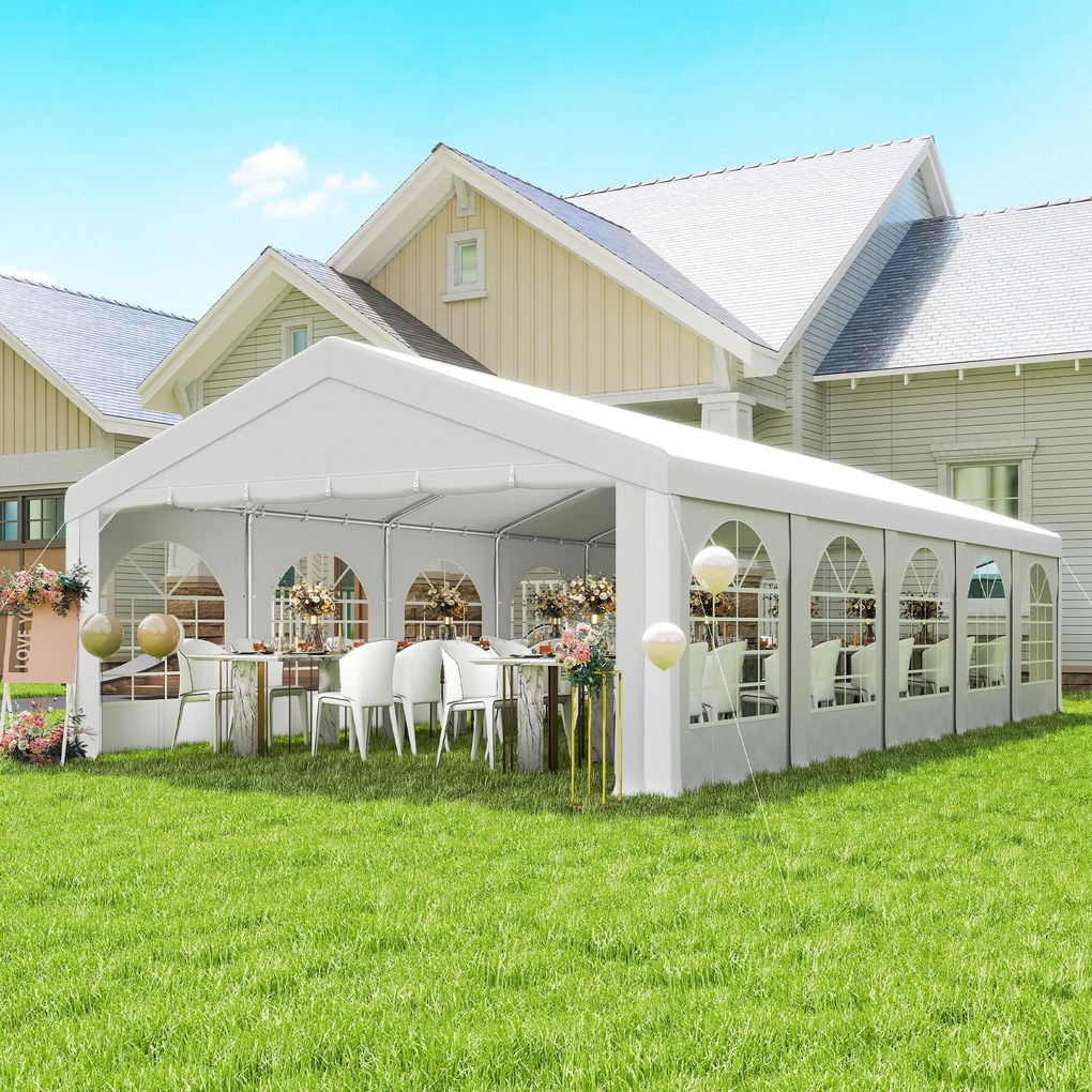 Outsunny Pavilion pentru Petreceri 10x5 m cu 10 Pereți Laterali Detașabili, Pavilion de Grădină cu 5 Secțiuni, Uși cu Fermoar și Ferestre, Pavilion pentru Nunți, Evenimente, Întâlniri, UV30+, Alb | Aosom Romania