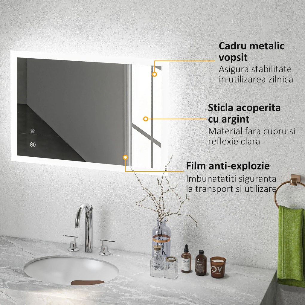 Kleankin Oglindă de Baie cu Iluminare LED 800x600mm, Tactilă, Anti-Ceță, Montare Orizontală/Verticală | Aosom Romania