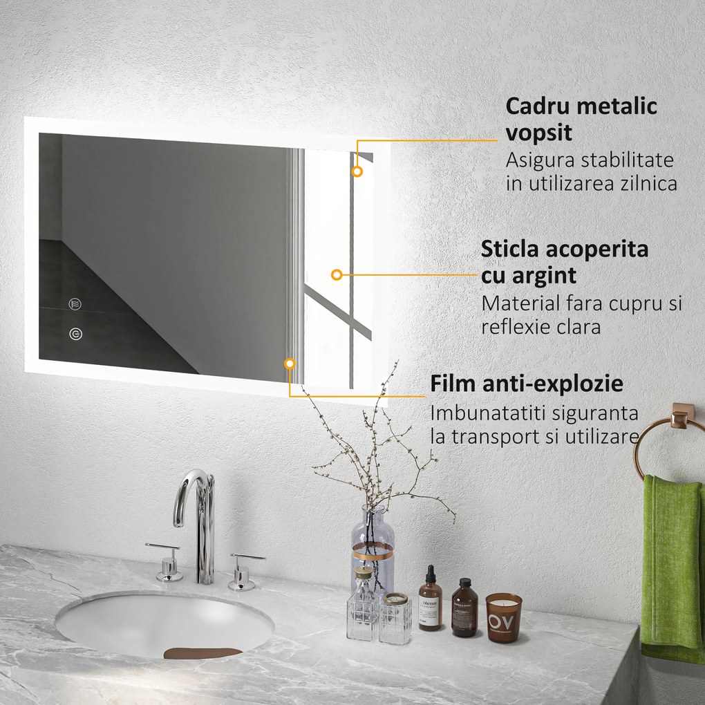 Kleankin Oglinda LED, Oglinda de Machiaj de Perete cu 3 Lumini, 800x600mm, Tactilă, Anti-Ceță, Montare Orizontală/Verticală | Aosom Romania