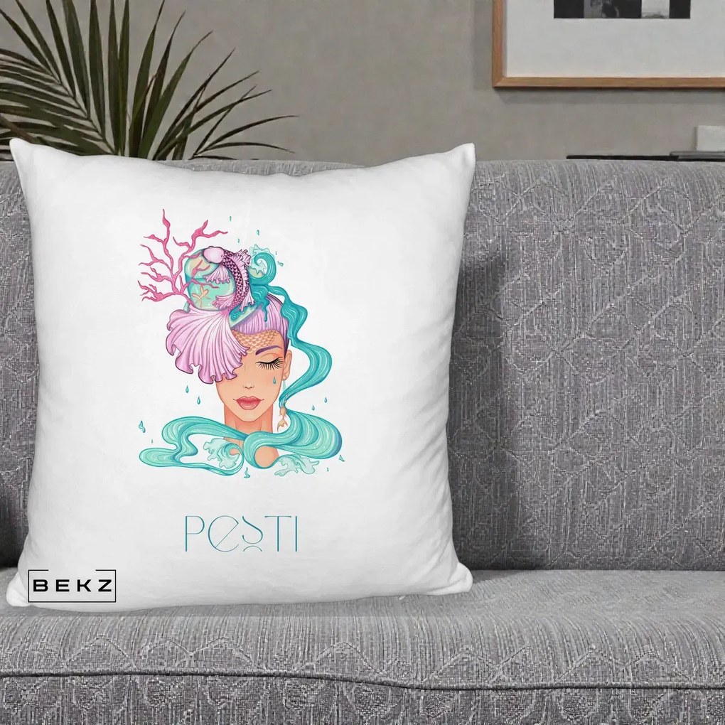 Perna Personalizata Zodiac Pesti Cowgirl, 40x40 cm, Alb Pufos, Husa Detasabila, Perna Inclusa, BEKZ®