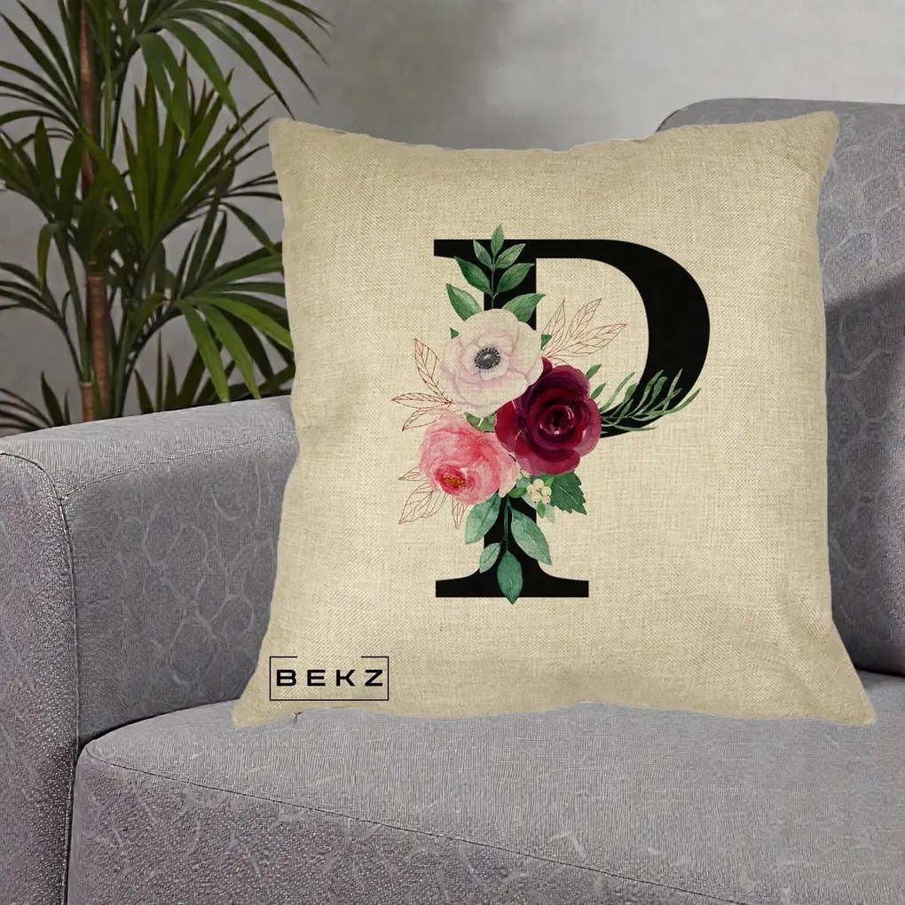 Cadou Personalizat - Perna Personalizata Monograma Florala Litera P, 40x40 cm, Crem, Husa Detasabila, Perna Inclusa, BEKZ®