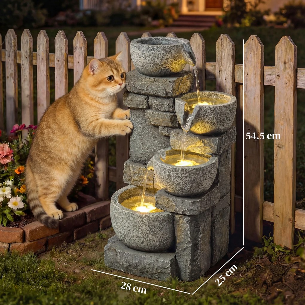 Outsunny Fântână de grădină Cascadă 4 niveluri Decorațiune efect piatră și cărămidă cu iluminare LED 28 x 25 x 54,5 cm Gri | Aosom Romania