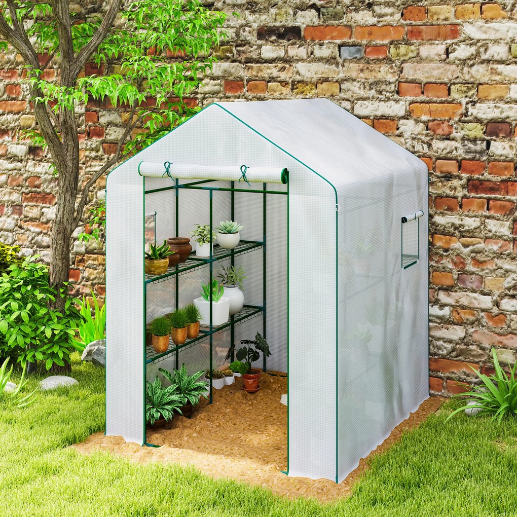 Outsunny Seră de grădină cu 1 ușă 2 ferestre rafturi 3 nivele pentru Legume Plante Flori Pânză PE 140 x 143 x 190 cm alb | Aosom Romania