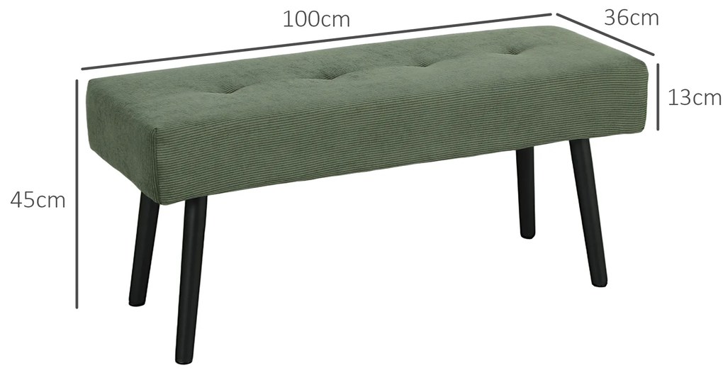 HOMCOM Bancă banca la capat de pat căptușită din catifea cotelată și picioare din oțel negru suport 220 kg 100 x 36 x 45 cm verde | Aosom Romania