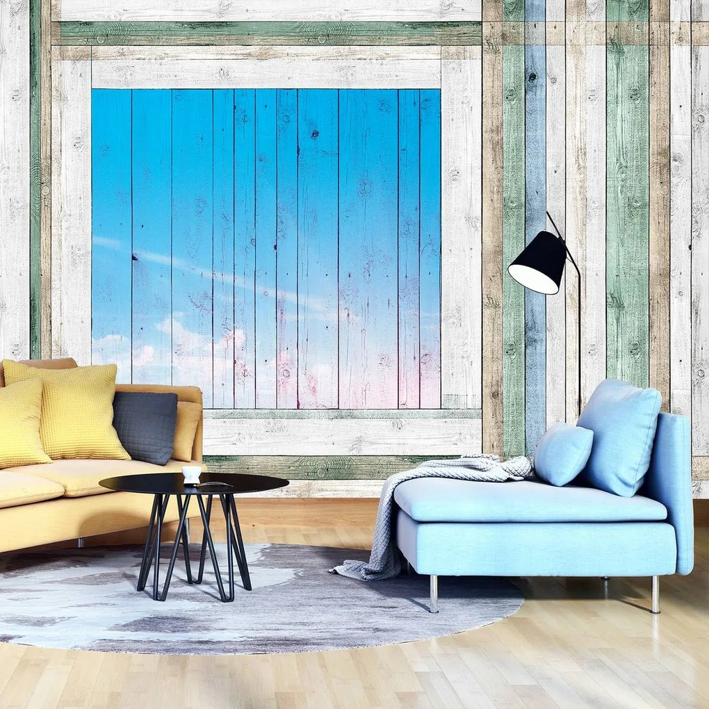 Fototapet - Scănduri de lemn - geamul albastru (152,5x104 cm)