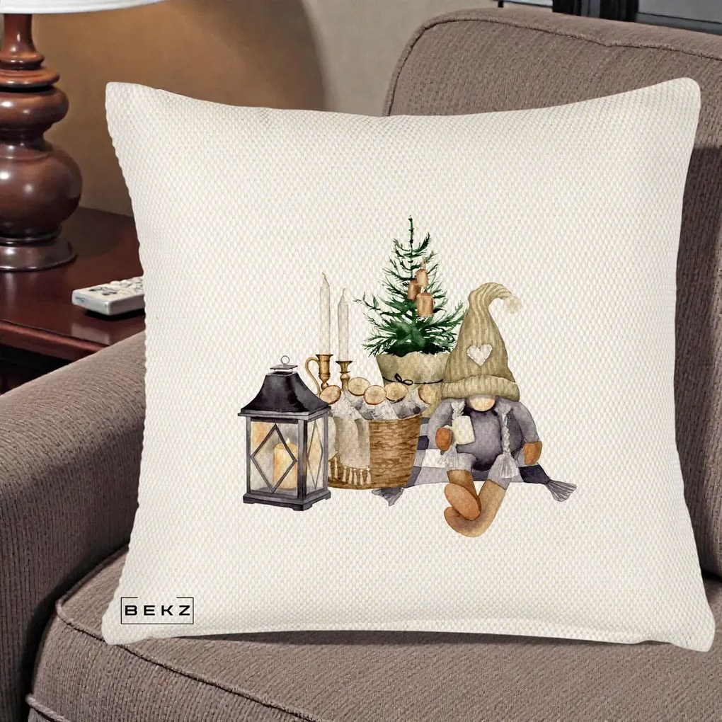 Perna Decorativa Gnom Scandinav cu Felinar, 40x40 cm, Crem Reliefat, Husa Detasabila, Perna Inclusa, BEKZ®