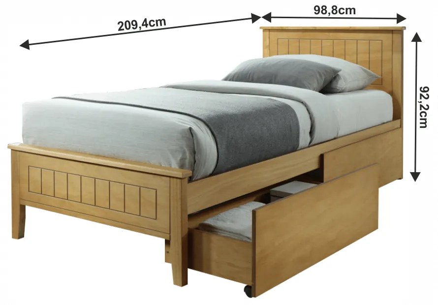 Pat de 1 persoana , din lemn stejar mdf , cu 2 sertare incluse ,90x200 cm