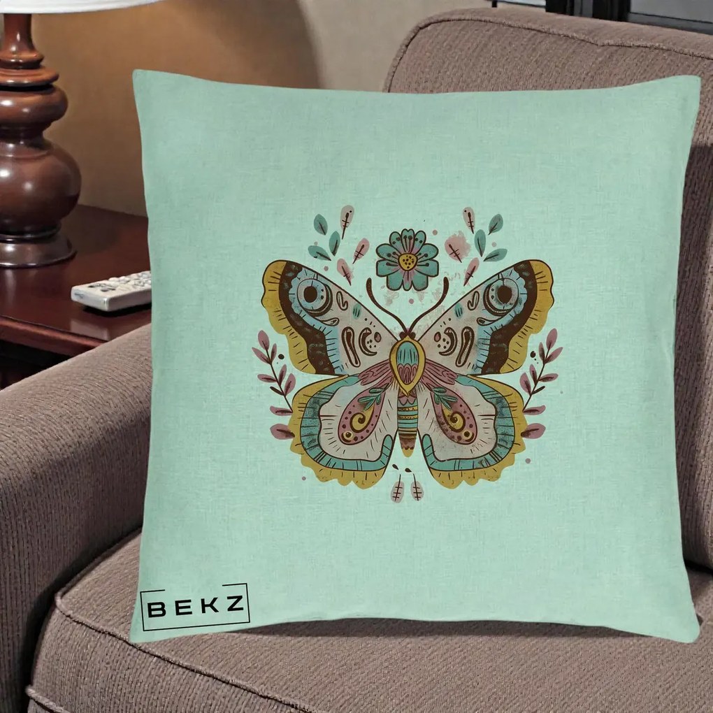 Perna Decorativa Fluture Boho Floral, 40x40 cm, Verde Menta, Husa Detasabila, Perna Inclusa, BEKZ®
