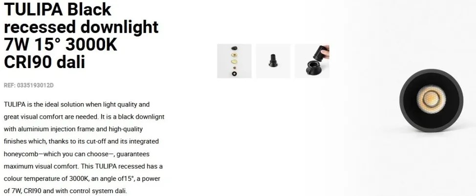 Spot LED incastrabil TULIPA Black recessed downlight 7W 15° 3000K CRI90 dali