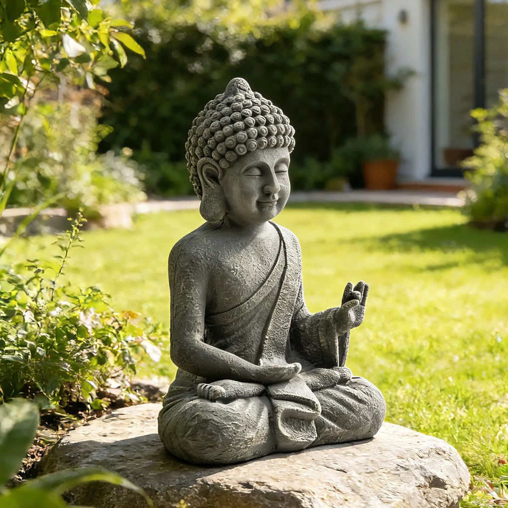 Outsunny Statuie de Grădină, Sculptură Buddha Șezând din Oxid de Magneziu, Decorațiune Spirituală 32 x 23 x 51 cm, Gri Închis | Aosom Romania