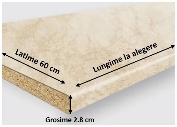 Blat bucatarie Travertin luios de 28 mm, Termo-Rezistent, Lungime la alegere, latime 60 cm