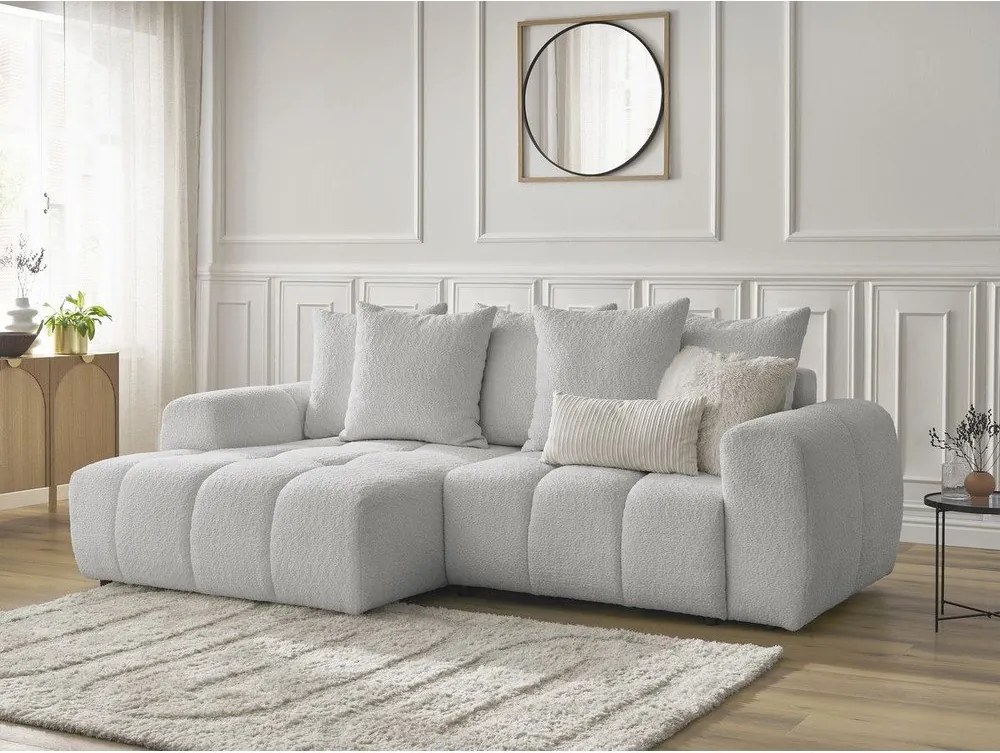 Colțar gri deschis extensibil/cu spațiu de depozitare cu tapițerie din țesătură bouclé (cu colț pe partea stângă/cu șezlong) Roxelane – Bobochic Paris