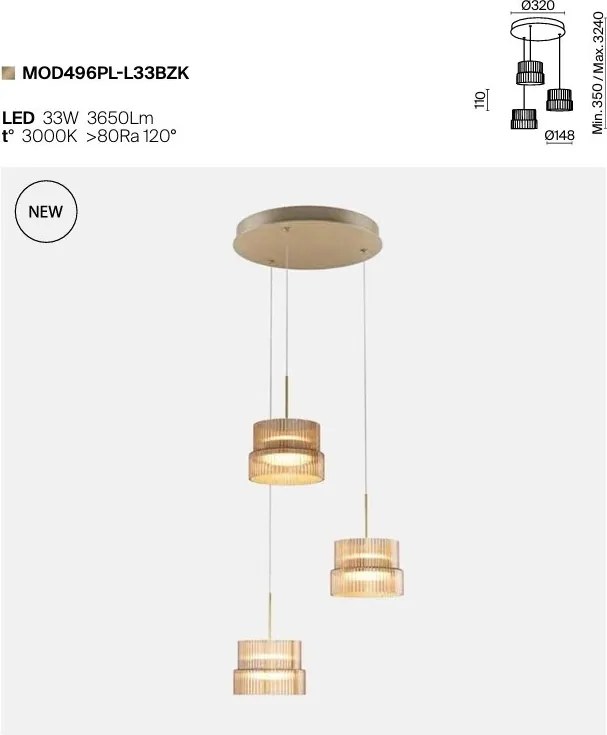 Lustra cu 3 pendule LED cu sticla canelata Scala bronz